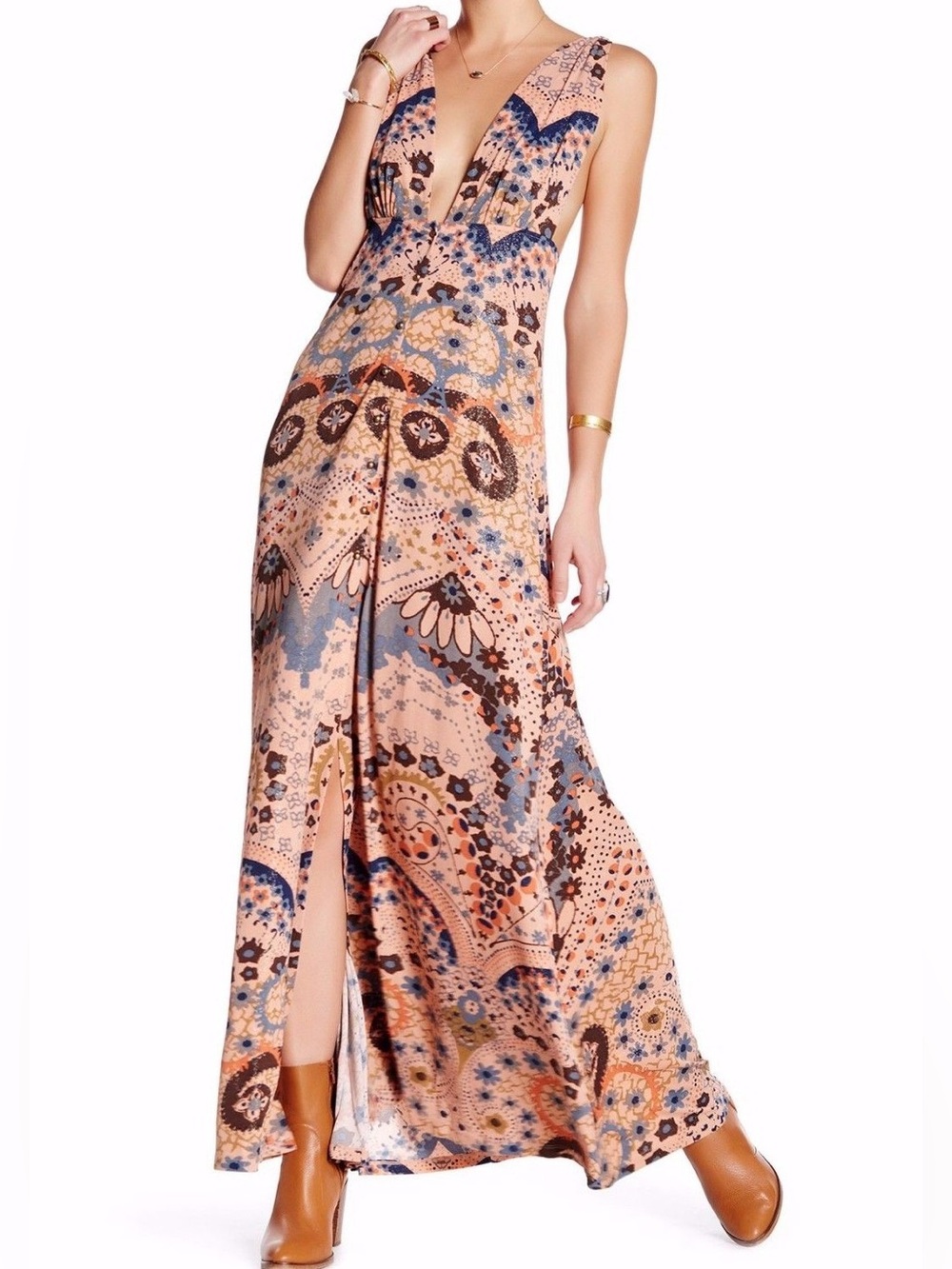 11.168$ Free People Deep V Boho Maxi Dress in Peach and Blue - Picture 2 of 4
